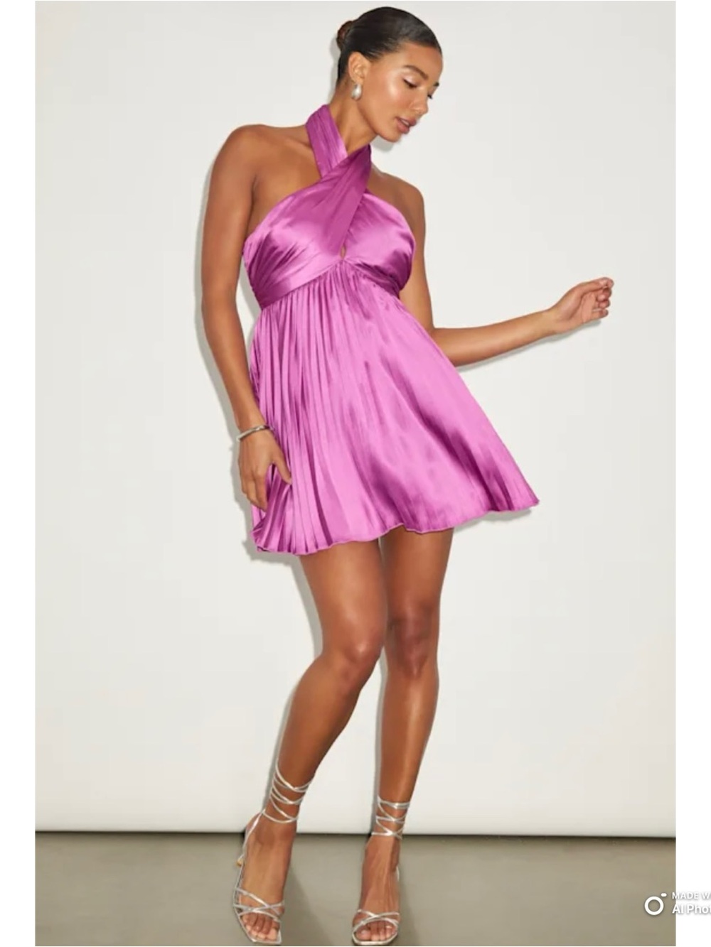 Lulus Medium Renlee Purple Halter Pleated Mini Dress Satin Party